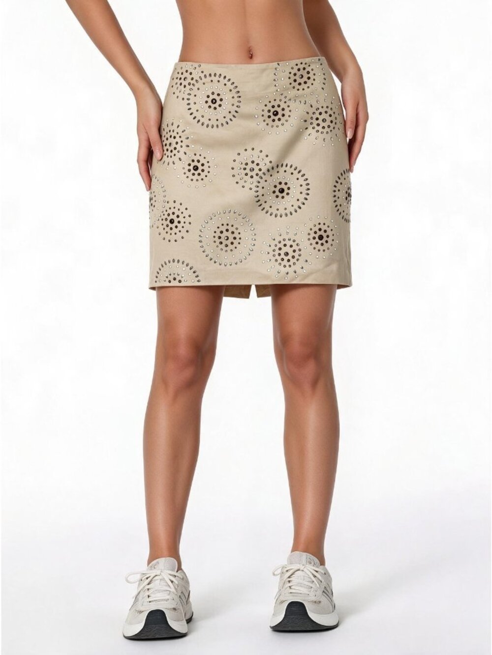 White House Black Market Women's Tan Embezzled Stud Skirt Rhinestone 4 New  $158